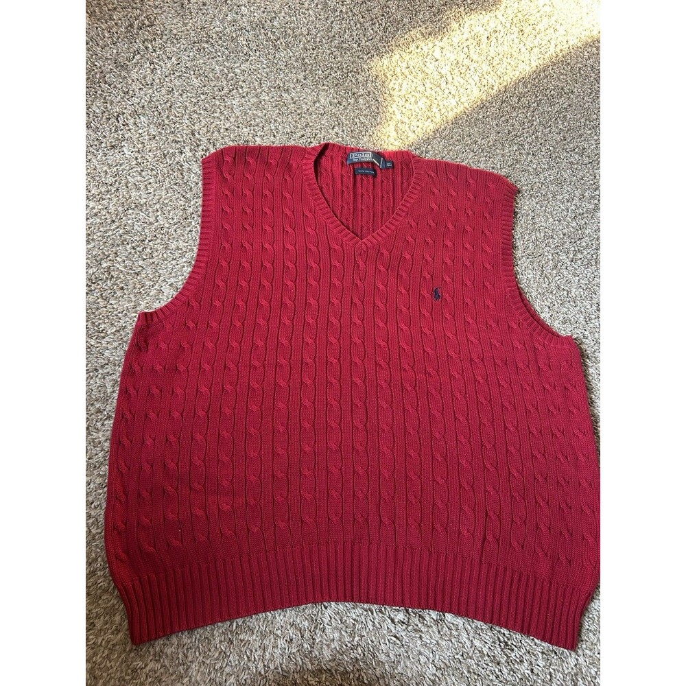 Vintage Polo Ralph Lauren V Neck Sweater Vest Red Cable Knit Mens XL Blue Pony